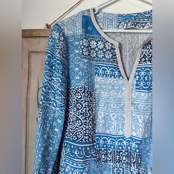 J McLaughlin 3/4 Sleeve Patchwork Paisley Tunic Top Cover Up Beach Blue Large - Picture 2 of 12